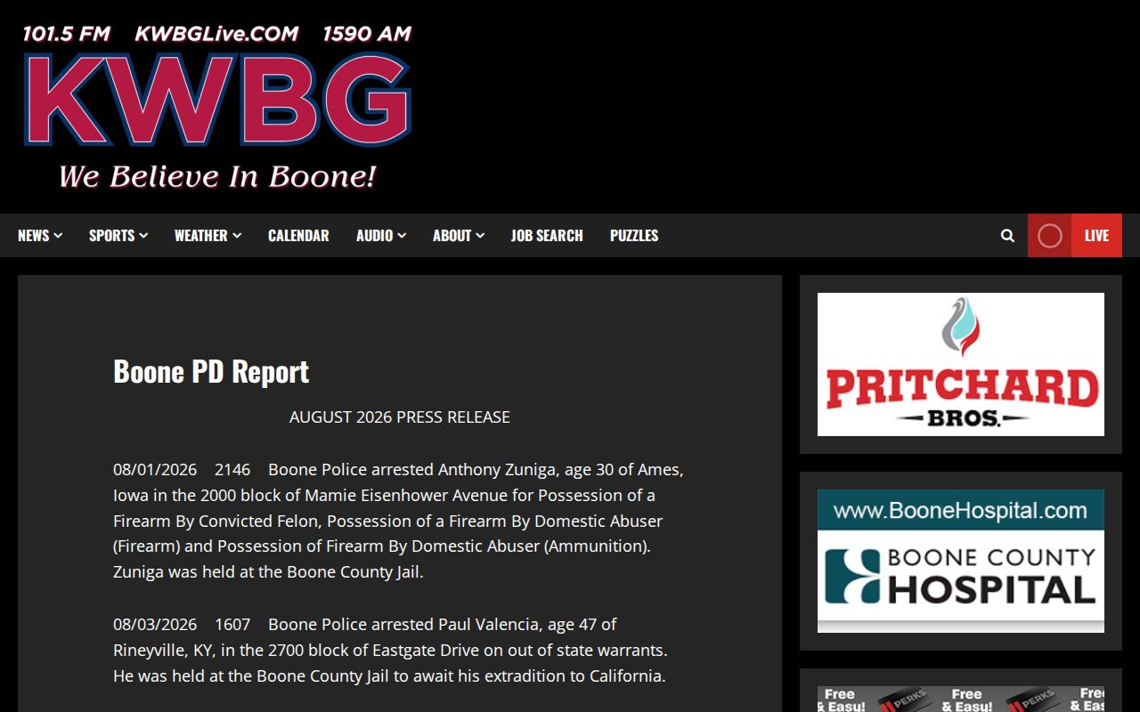 KWBG Boone Police arrest report coverage without routine Boone County booking photos